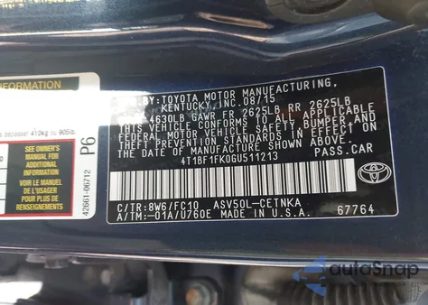2016 Toyota Camry Le z USA, uszkodzony, nr VIN 4T1BF1FK0GU511213